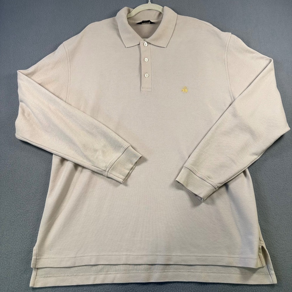 Brooks Brothers 346 Mens Large Long Sleeve Polo Shirt Beige Performance Knit L